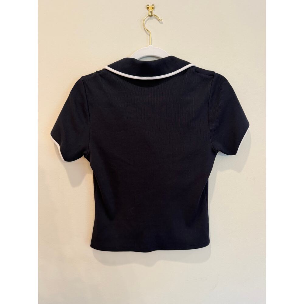 Veronica Beard Navy Ribbed Knit Contrast Trim Polo Top | Size Small - Picture 3 of 5